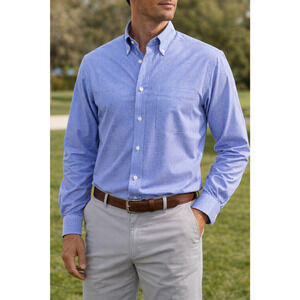 Peter Millar Mens Large Blue Check Button Down Nanoluxe Easy Care Dress Shirt